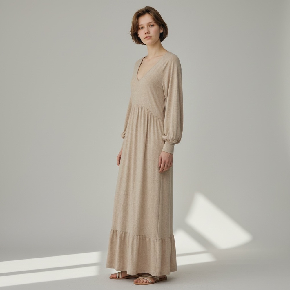 New maxi dress tiered long sleeve size Large heathered camel tan